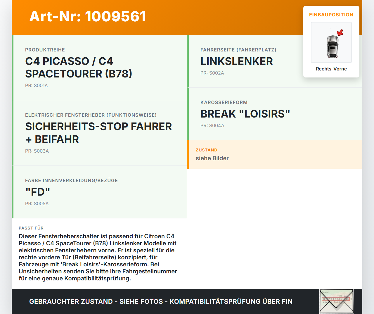 Citroen C4 Picasso II 13-22 Kombi Fensterheberschalter Schalter Rechts Vorne Citroen C4 Picasso II 13-22 08.10.2014... Vorschau 3