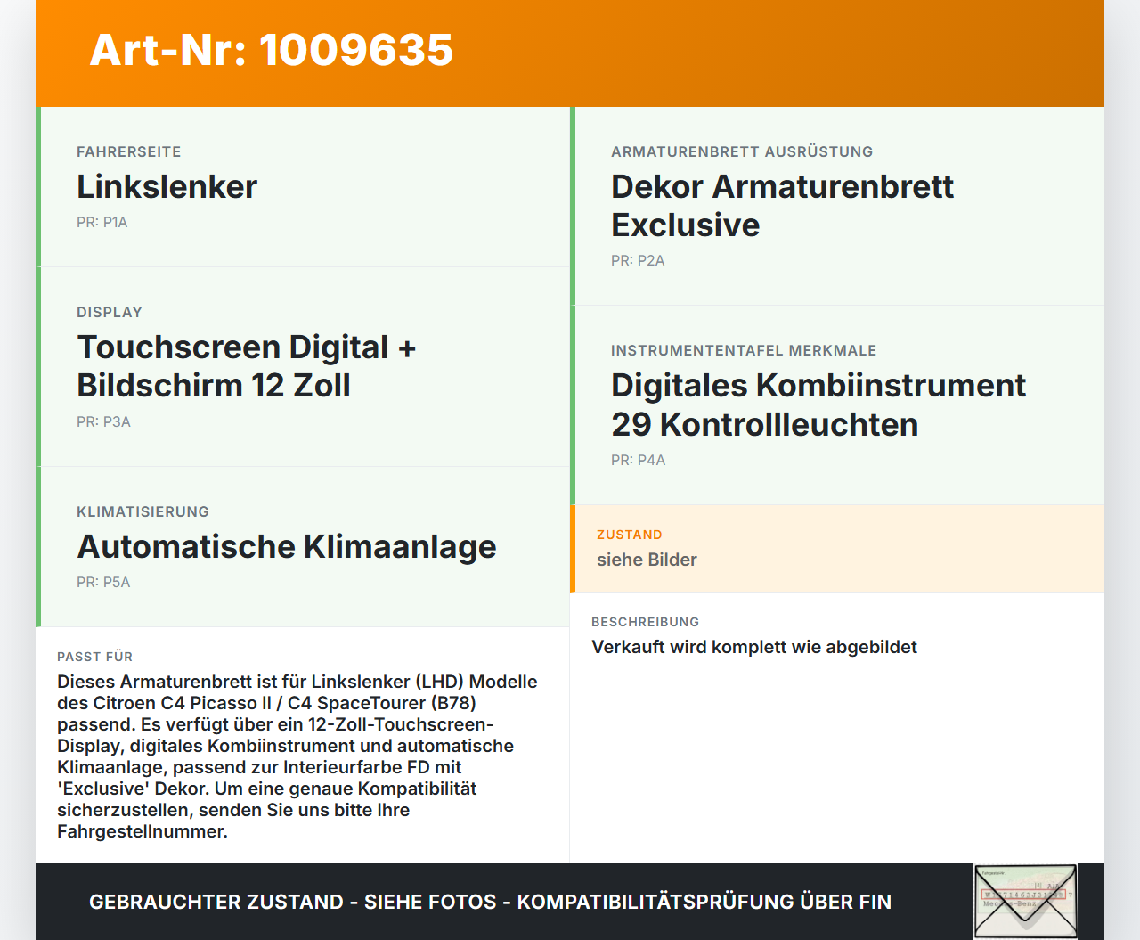 Citroen C4 Picasso II 13-22 Armaturenbrett Panel Cockpit komplett Citroen C4 Picasso II 13-22 08.10.2014 16094906BS... Vorschau 3