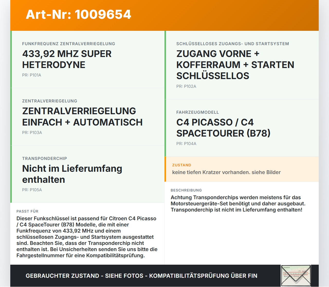 Citroen C4 Picasso II 13-22 Fernbedienung Funk Funkschlüssel Citroen C4 Picasso II 13-22 08.10.2014 gebraucht Vorschau 3