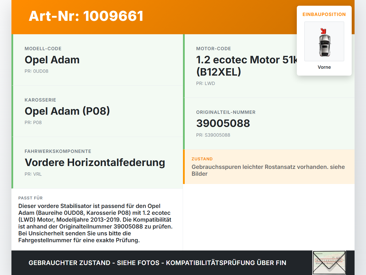 Opel Adam M13 13-19 Stabilisator Stabi Vorne Opel Adam M13 13-19 29.07.2016 39005088 gebraucht Vorschau 3