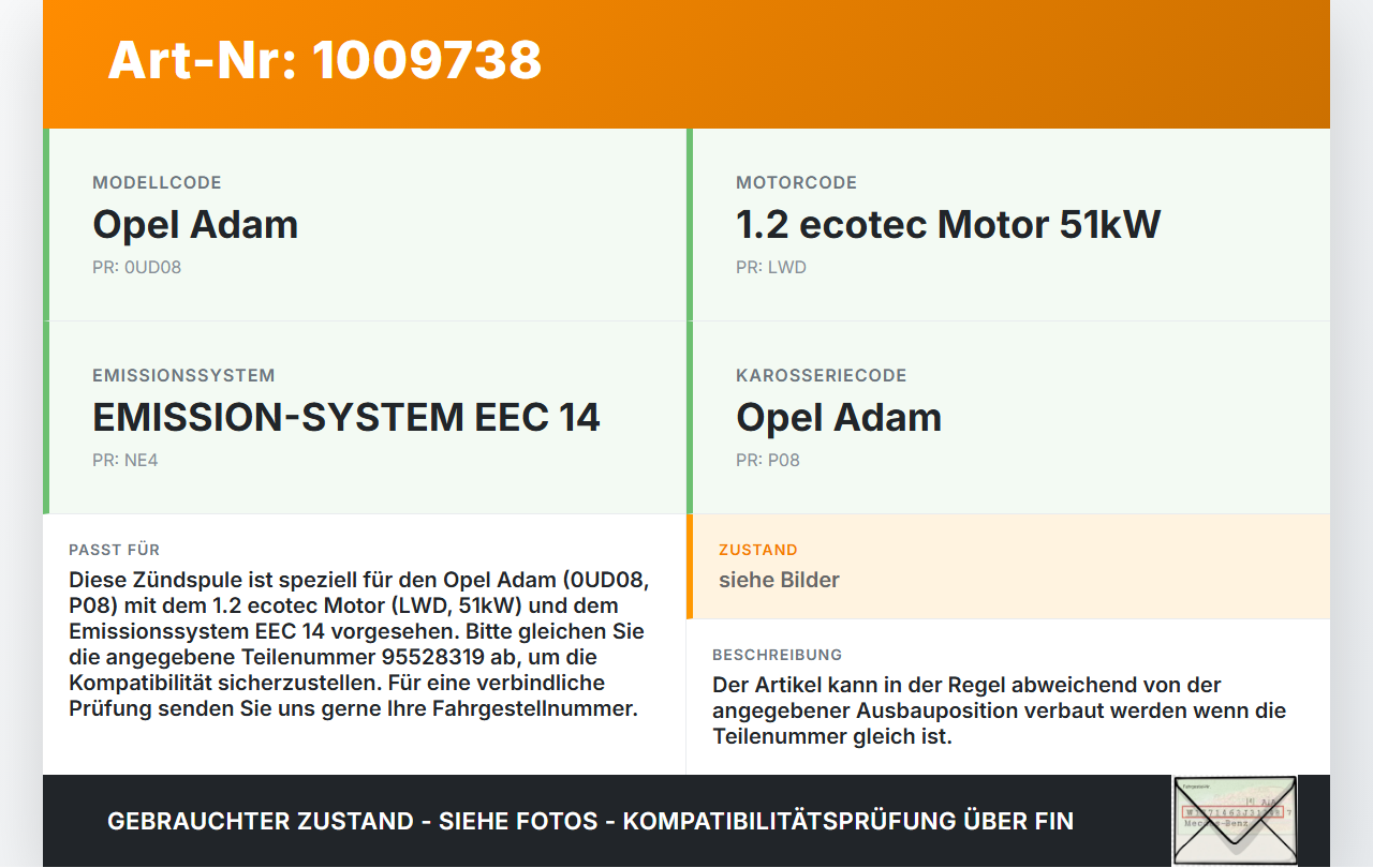 Opel Adam M13 13-19 1,2 51KW Zündspule Opel Adam M13 13-19 29.07.2016 55579072 95528319 gebraucht Vorschau 3
