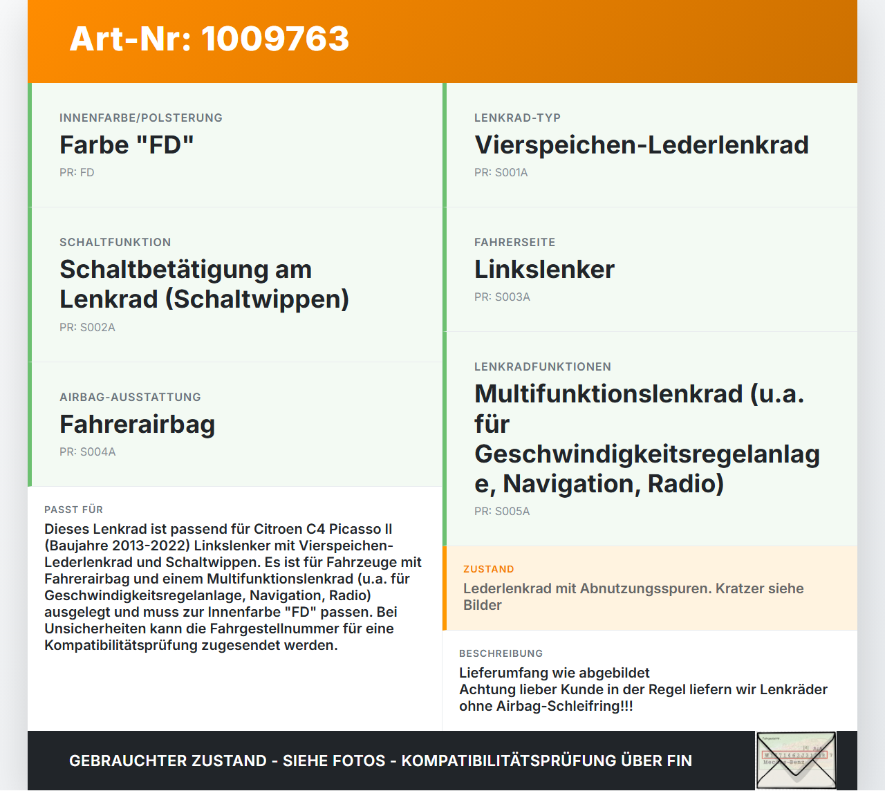 Citroen C4 Picasso II 13-22 Lenkrad Airbaglenkrad Citroen C4 Picasso II 13-22 08.10.2014 96764017ZD gebraucht Vorschau 3