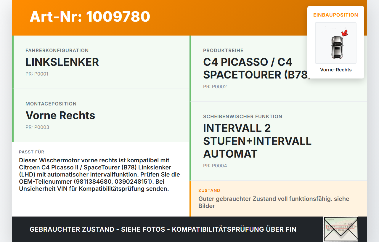 Citroen C4 Picasso II 13-22 Wischermotor Vorne Rechts Citroen C4 Picasso II 13-22 08.10.2014 9811384680 0390248151... Vorschau 3