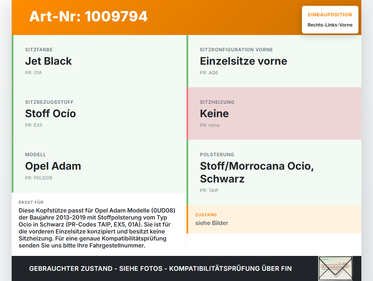 Opel Adam M13 13-19 Kopfstütze für Fahrer Sitz Rechts oder Links Vorne Opel Adam M13 13-19 29.07.2016 gebraucht Vorschau 3