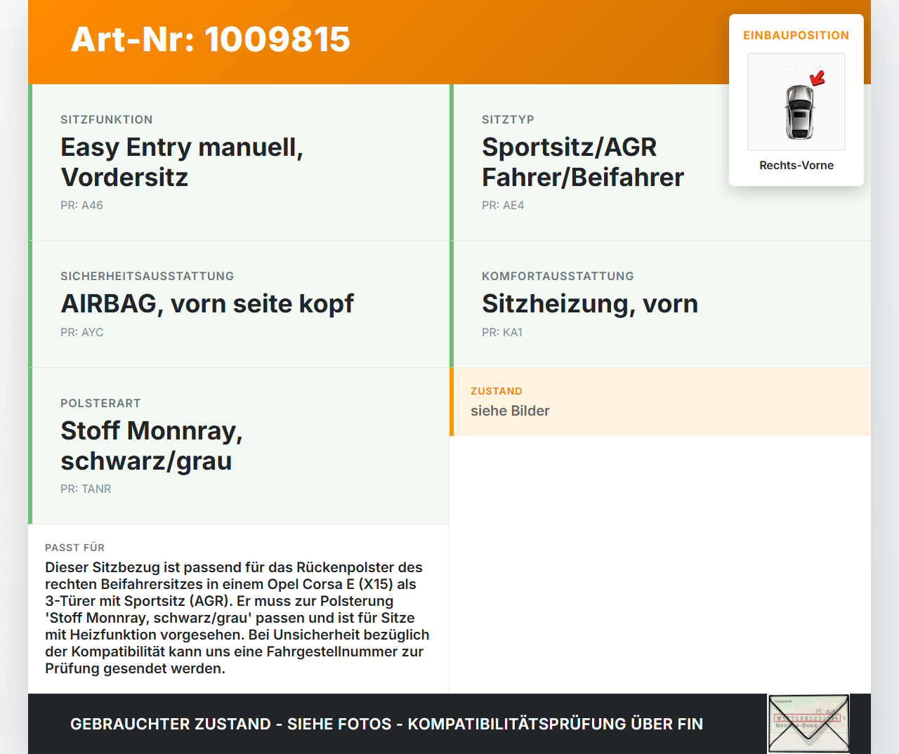 Opel Corsa E X15 14-19 3T Sitzbezug Rückenpolster Rechts Vorne für Beifahrer Sitz Opel Corsa E X15 14-19 25.02.2015... Vorschau 3