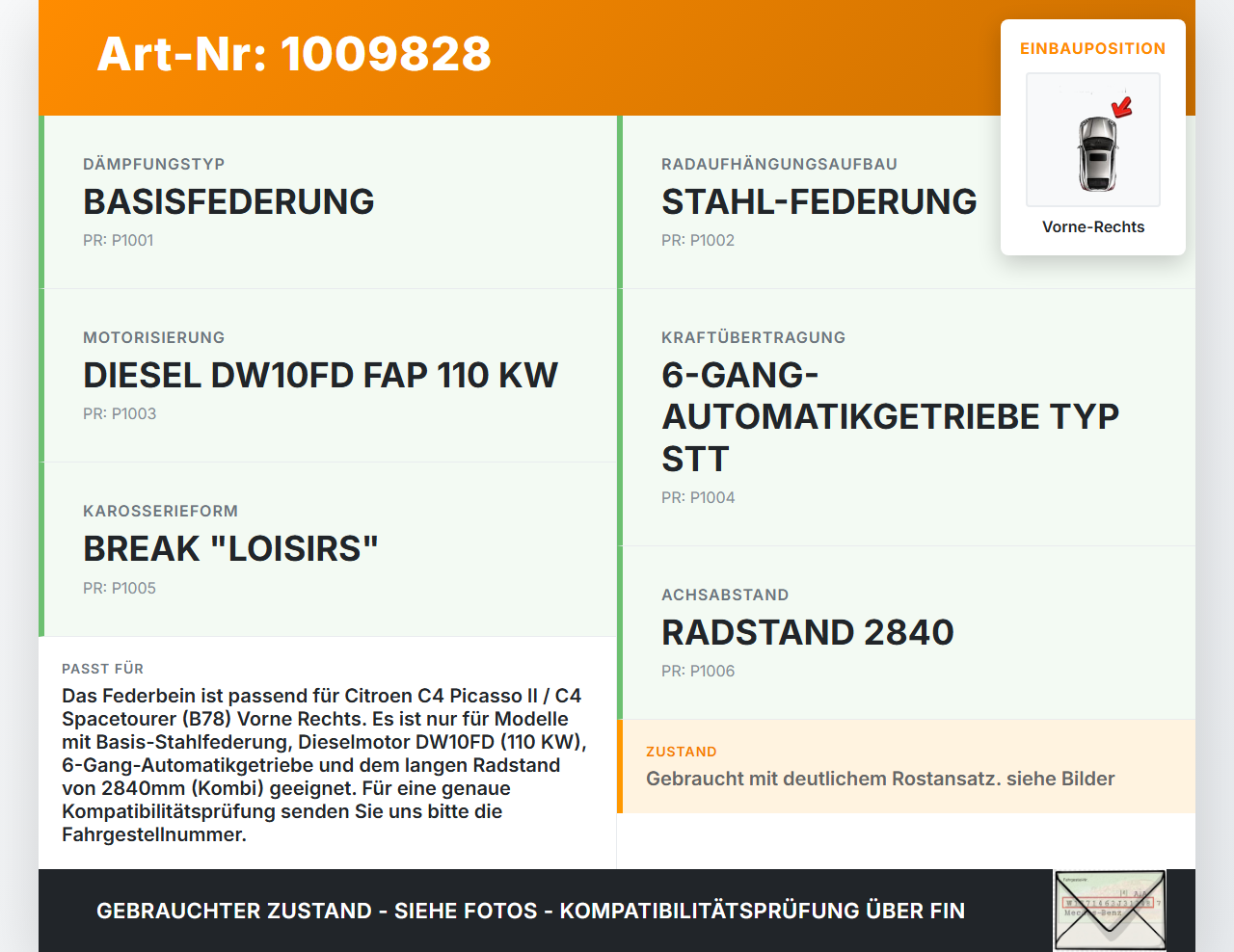 Citroen C4 Picasso II 13-22 Kombi Federbein Stossdämpfer Vorne Rechts Citroen C4 Picasso II 13-22 08.10.2014... Vorschau 3