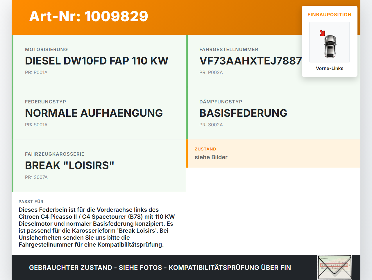 Citroen C4 Picasso II 13-22 Kombi Federbein Stossdämpfer Vorne Links Citroen C4 Picasso II 13-22 08.10.2014... Vorschau 3