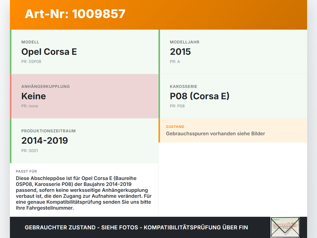 Opel Corsa E X15 14-19 Abschleppöse Abschlepphaken Opel Corsa E X15 14-19 25.02.2015 DUMMY2 gebraucht Vorschau 3