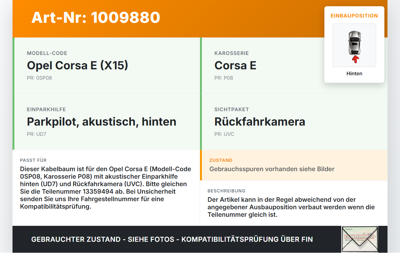 Opel Corsa E X15 14-19 Kabelbaum Einparkhilfe Parksensor Hinten Opel Corsa E X15 14-19 25.02.2015 13359494 gebraucht Vorschau 3