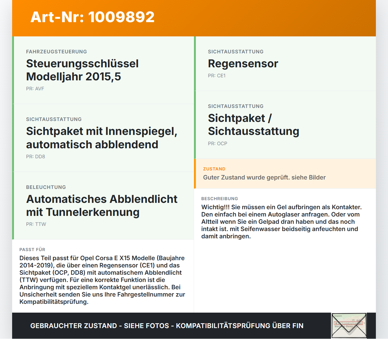 Opel Corsa E X15 14-19 Regensensor Opel Corsa E X15 14-19 25.02.2015 6PW011014-10 gebraucht Vorschau 3