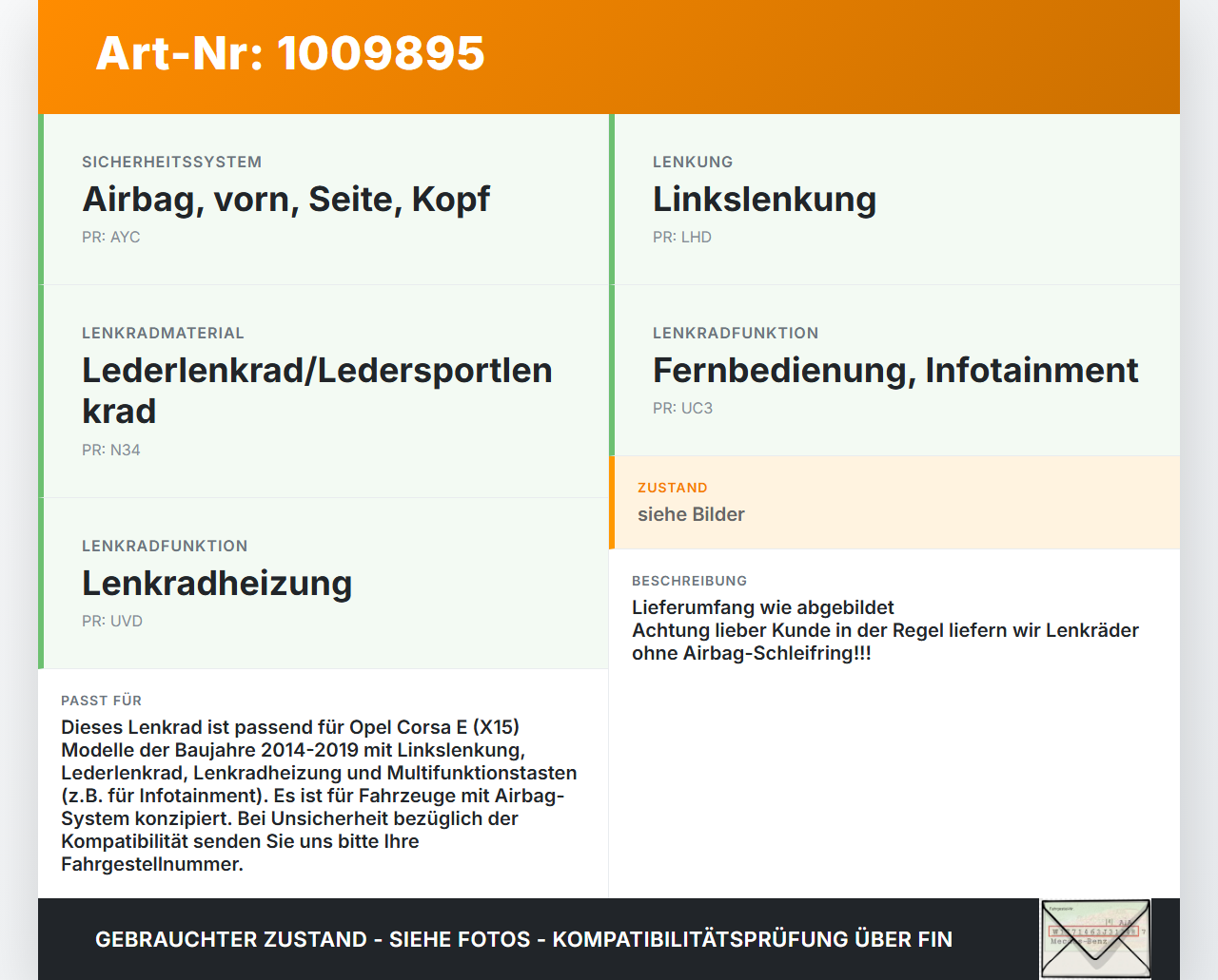 Opel Corsa E X15 14-19 Lenkrad Airbaglenkrad Opel Corsa E X15 14-19 25.02.2015 13403218 13403825 gebraucht Vorschau 3
