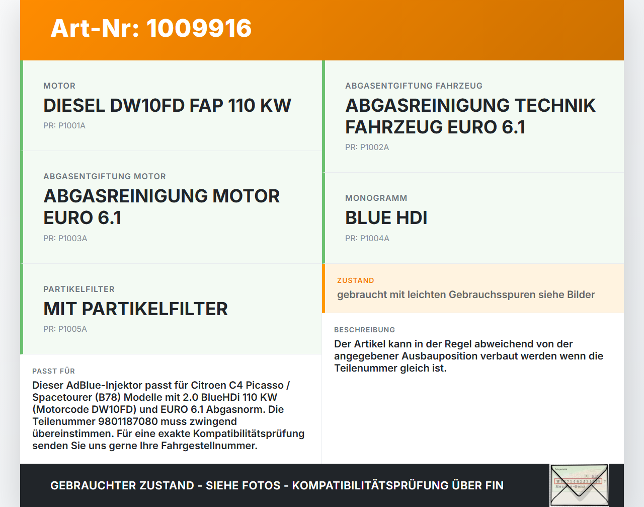Citroen C4 Picasso II 13-22 HDI 2,0 110KW Injektor Einspritzdüse für AdBlue Citroen C4 Picasso II 13-22 08.10.2014... Vorschau 3
