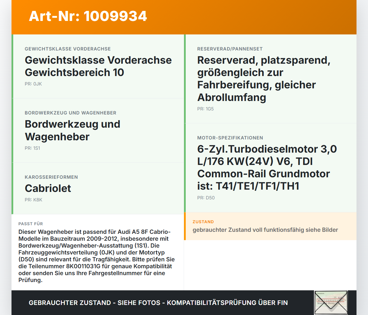 Audi A5 8F Cabrio 09-12 Wagenheber Audi A5 8F Cabrio 09-12 05.05.2011 8K0011031G gebraucht Vorschau 3