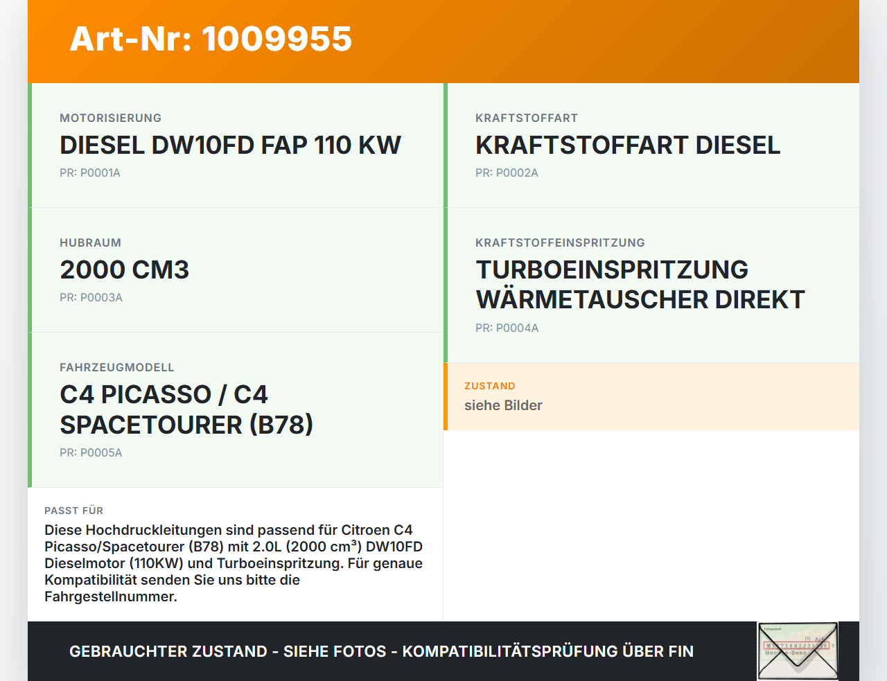 Citroen C4 Picasso II 13-22 HDI 2,0 110KW Hochdruckleitungen Einspritzleitungen Satz Citroen C4 Picasso II 13-22... Vorschau 3