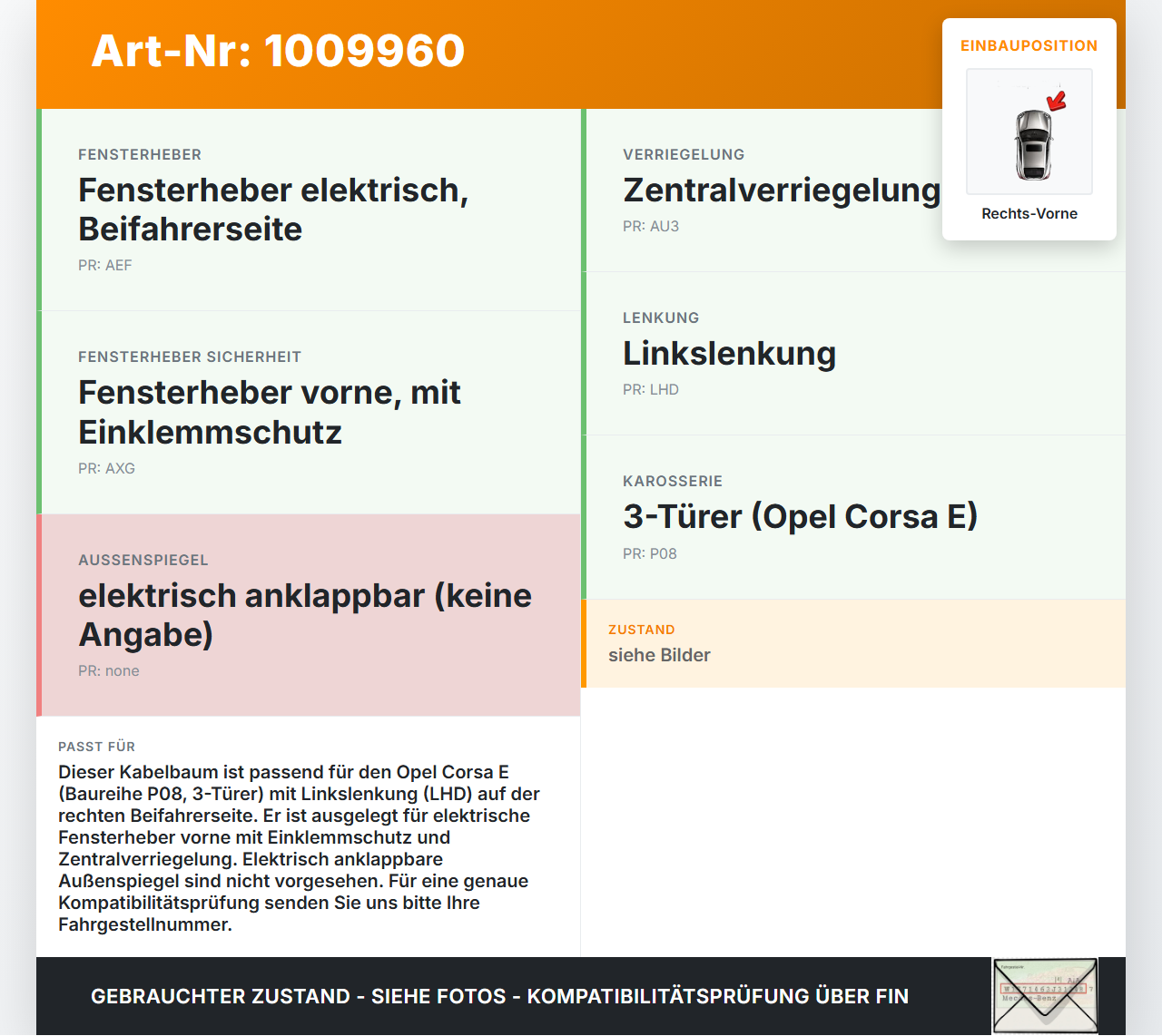 Opel Corsa E X15 14-19 3 Türer Kabelbaum für Tür und Fensterheber Rechts Vorne Opel Corsa E X15 14-19 25.02.2015... Vorschau 3