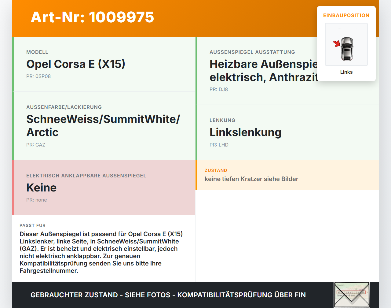 Opel Corsa E X15 14-19 Spiegel Aussenspiegel Links GAZ Opel Corsa E X15 14-19 25.02.2015 gebraucht Vorschau 3