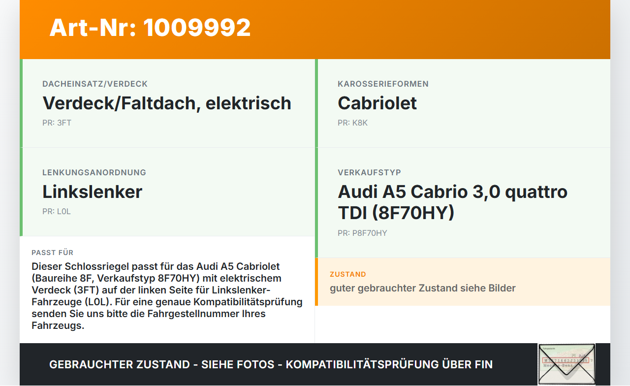 Audi A5 8F Cabrio 09-12 Cabrio Schloss Riegel für Verdeck Scharnier 
Links Audi A5 8F Cabrio 09-12 05.05.2011... Vorschau 3