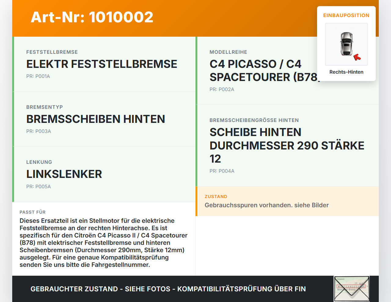 Citroen C4 Picasso II 13-22 Elektrische Feststellbremse Stellmotor Parkbremse Rechts Hinten Citroen C4 Picasso II... Vorschau 3