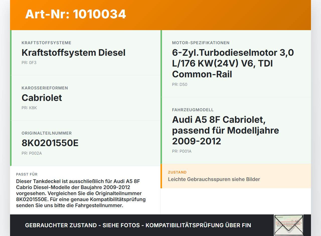 Audi A5 8F Cabrio 09-12 Tankdeckel Tankverschluss für Diesel Audi A5 8F Cabrio 09-12 05.05.2011 8K0201550E gebraucht Vorschau 3