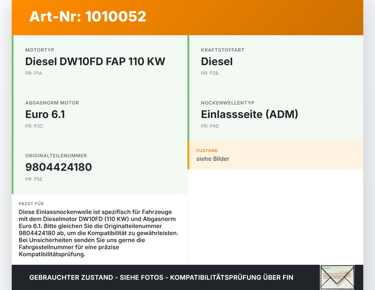 Citroen C4 Picasso II 13-22 HDI 2,0 110KW DW10FD Nockenwelle Einlass Einlassnockenwelle ADM Citroen C4 Picasso II... Vorschau 3