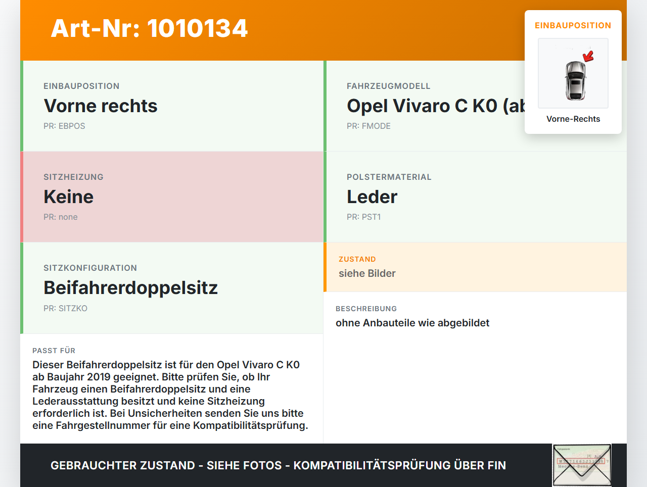 Opel Vivaro C K0 19-25 Kasten Sitz Beifahrersitz Doppelsitz Vorne Rechts Leder Opel Vivaro C K0 19-25 19.08.2020... Vorschau 3