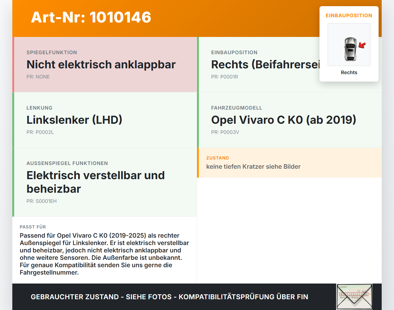 Opel Vivaro C K0 19-25 Spiegel Aussenspiegel Rechts Opel Vivaro C K0 19-25 19.08.2020 98087020XT Z9551180 gebraucht Vorschau 3