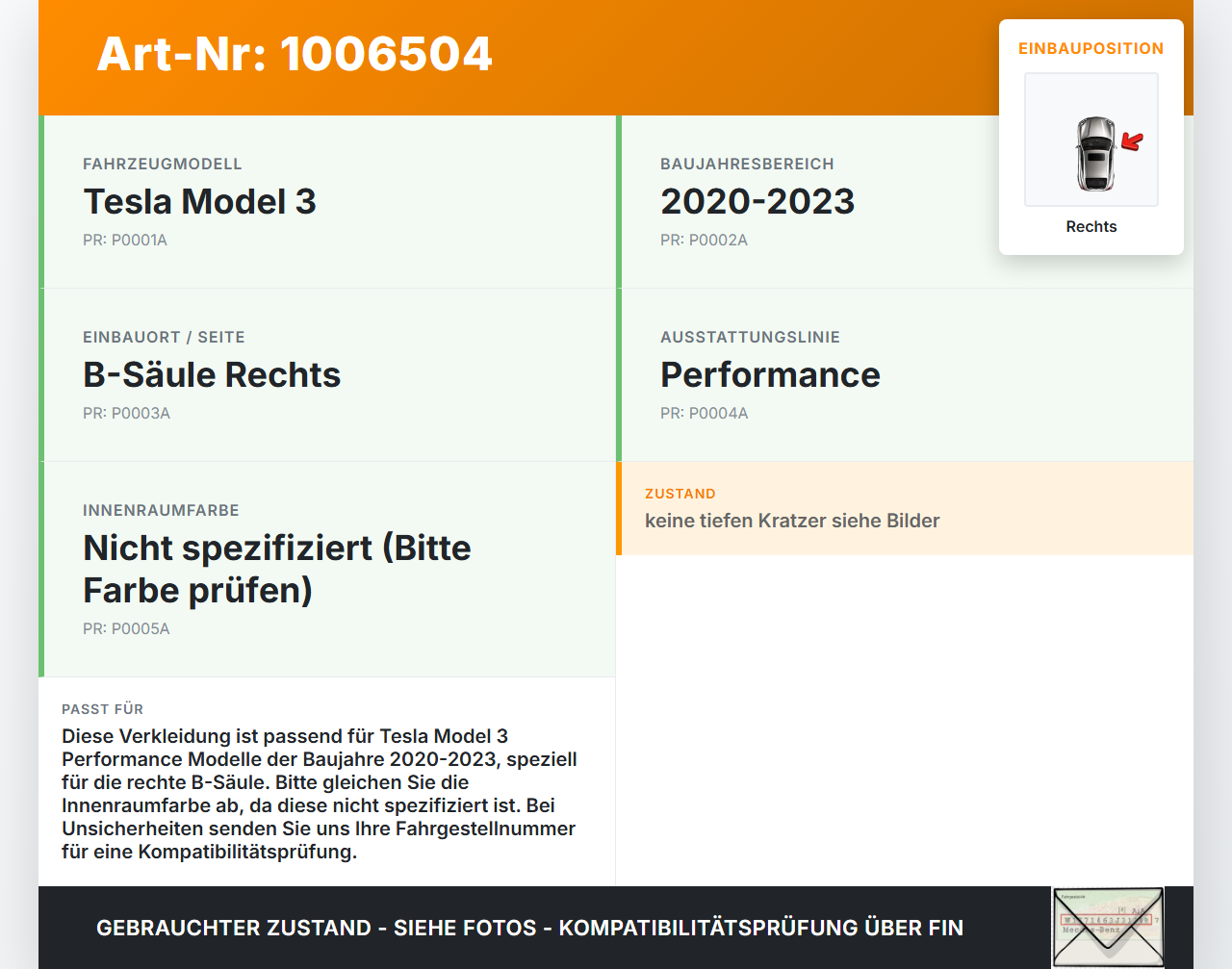 Tesla Model 3 Perf 20-23 Verkleidung Abdeckung für B-Säule Rechts Tesla Model 3 Perf 20-23 18.04.2023 1100088-00-D... Vorschau 3