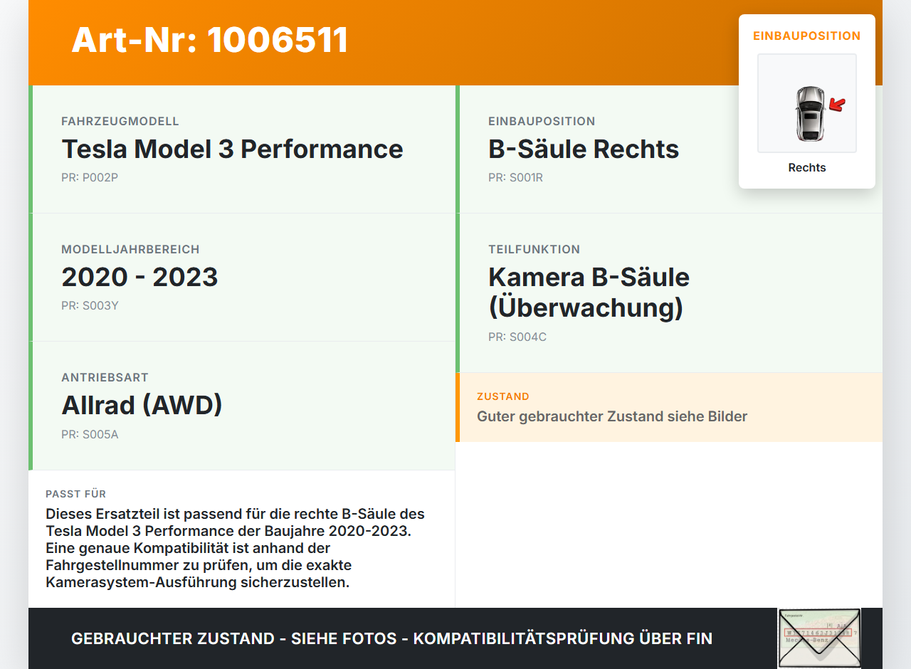 Tesla Model 3 Perf 20-23 EV  155KW Kamera für B-Säule Sensor Rechts Tesla Model 3 Perf 20-23 18.04.2023... Vorschau 3