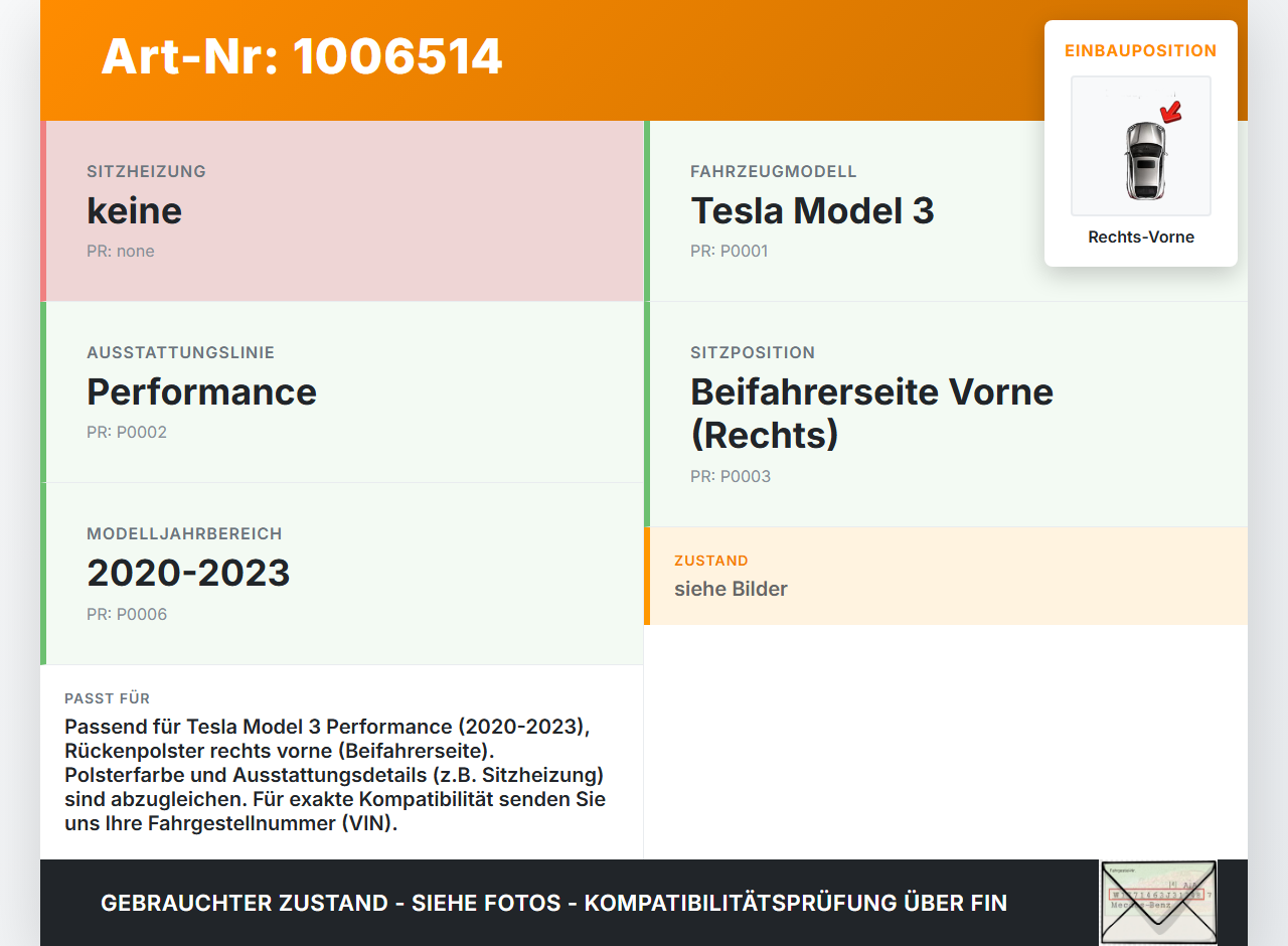 Tesla Model 3 Perf 20-23 Sitzbezug Rückenpolster Sitzpolster Rechts Vorne für Beifahrer Sitz Tesla Model 3 Perf... Vorschau 3