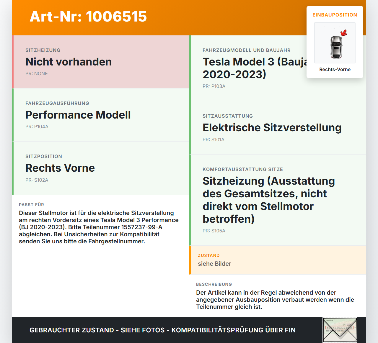 Tesla Model 3 Perf 20-23 Stellmotor für el. Sitzverstellung Rechts Vorne Tesla Model 3 Perf 20-23 18.04.2023... Vorschau 3