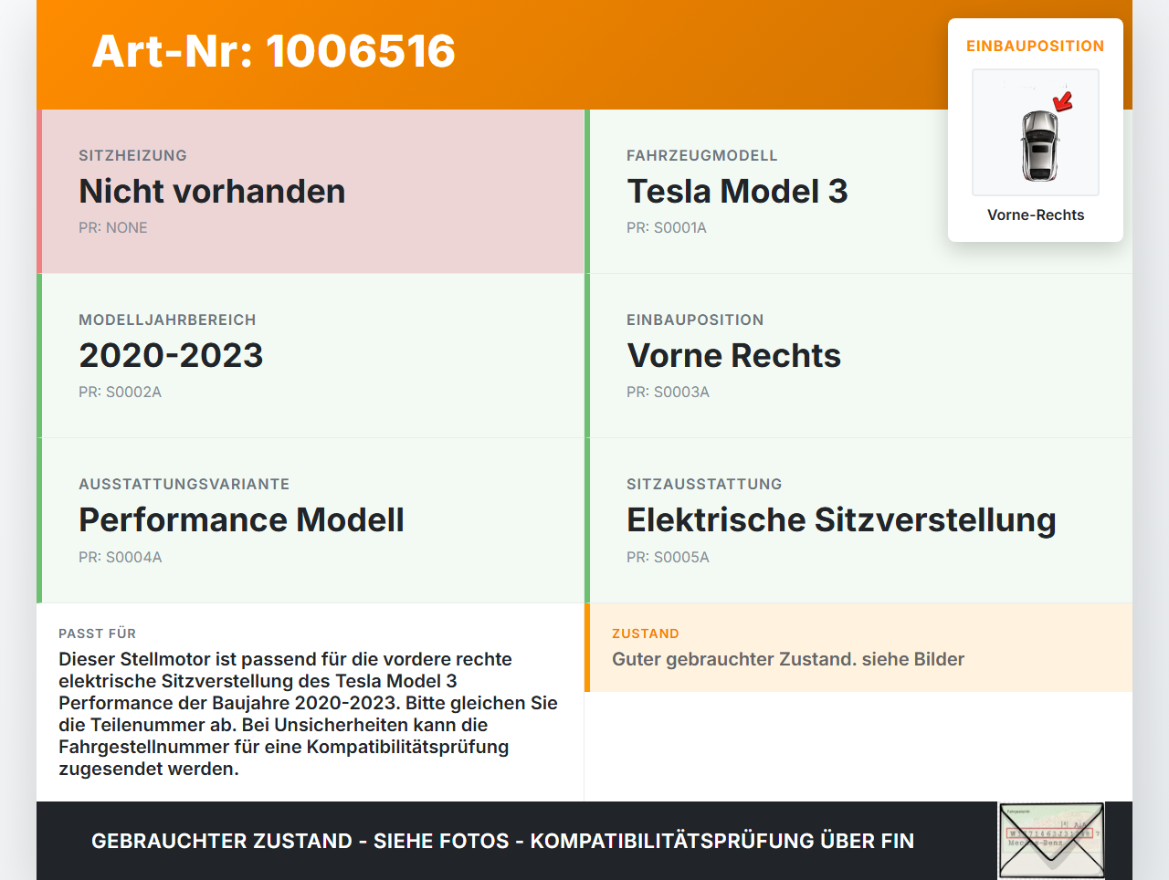 Tesla Model 3 Perf 20-23 Stellmotor Sitzverstellung Vorne Rechts Tesla Model 3 Perf 20-23 18.04.2023 1099212-00-B... Vorschau 3