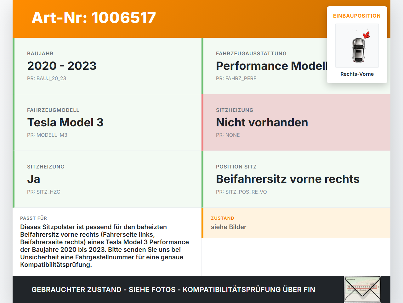 Tesla Model 3 Perf 20-23 Sitzbezug Sitzpolster für Beifahrersitz Rechts Vorne beheizt Tesla Model 3 Perf 20-23... Vorschau 3