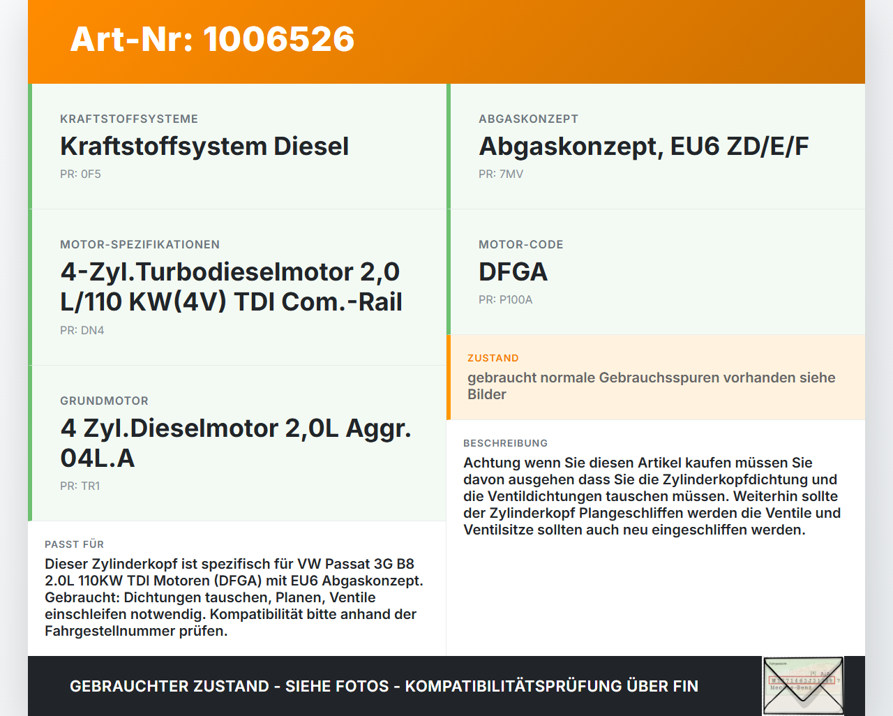 VW Passat 3G B8 14-19 2,0 110KW DFGA Zylinderkopf VW Passat 3G B8 14-19 31.01.2018 04L103264B 301117 gebraucht Vorschau 3