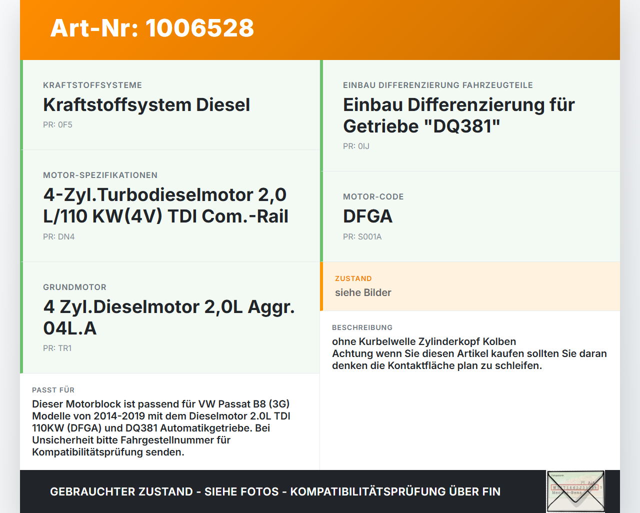VW Passat 3G B8 14-19 2,0 110KW DFGA Motorblock für Motor VW Passat 3G B8 14-19 31.01.2018 04L100103GX gebraucht Vorschau 3