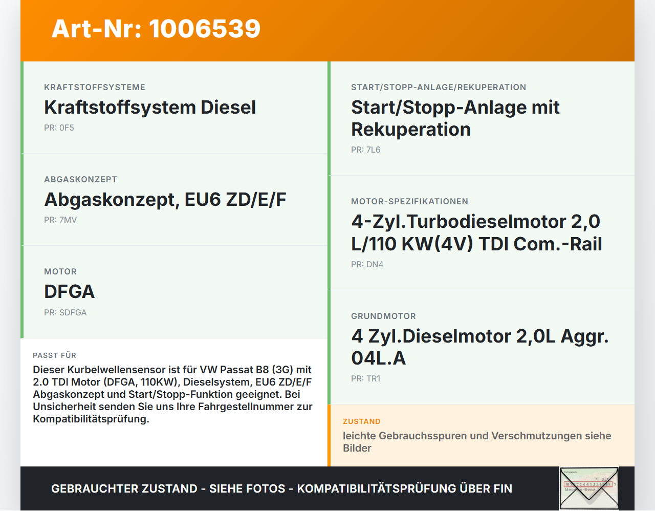 VW Passat 3G B8 14-19 2,0 110KW Kurbelwellensensor Impulsgeber VW Passat 3G B8 14-19 31.01.2018 04L103173A gebraucht Vorschau 3