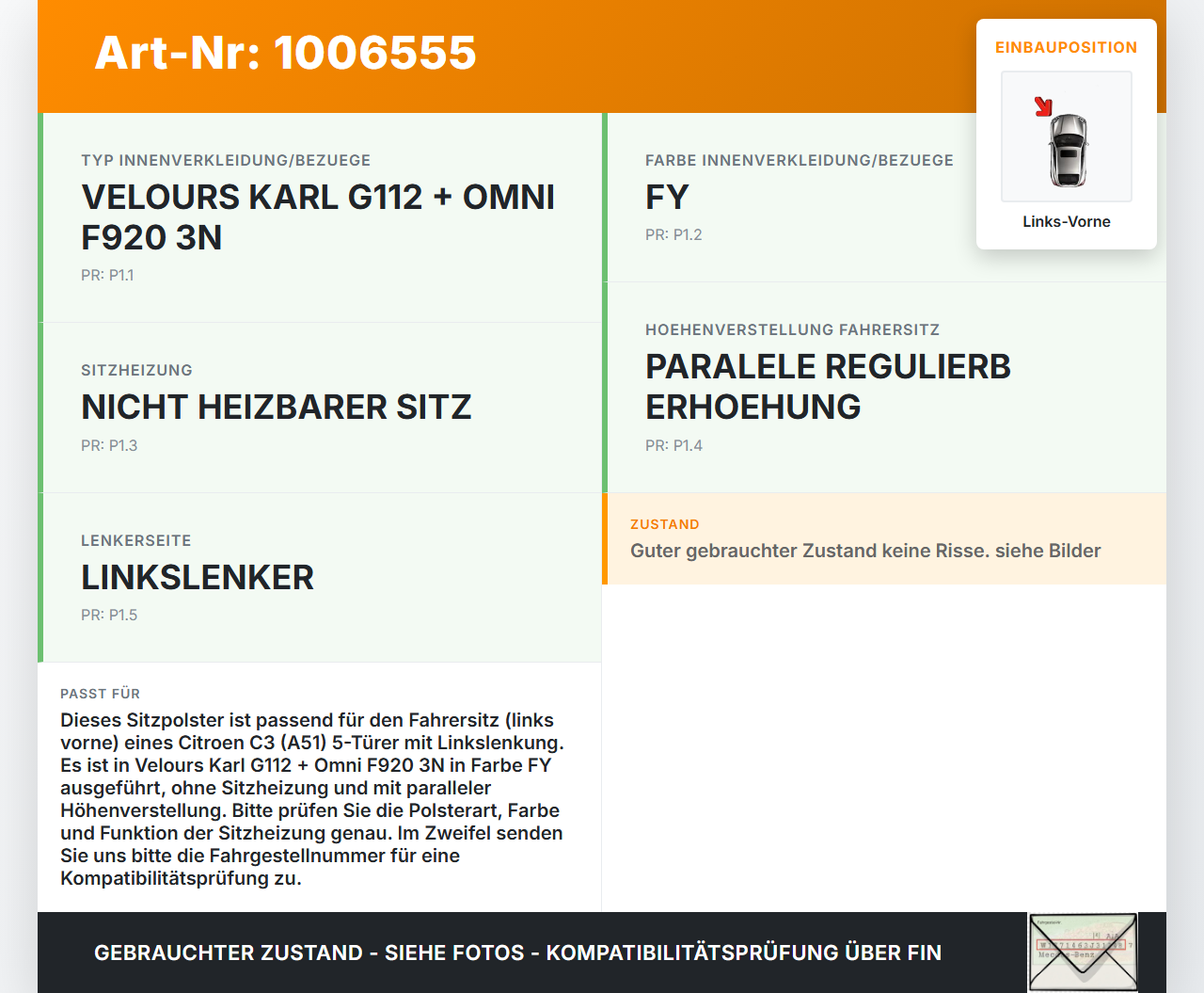 Citroen C3 II SC 09-13 5T Sitzpolster für Fahrersitz Sitz Links Vorne Citroen C3 II SC 09-13 03.05.2011 892525 gebraucht Vorschau 3