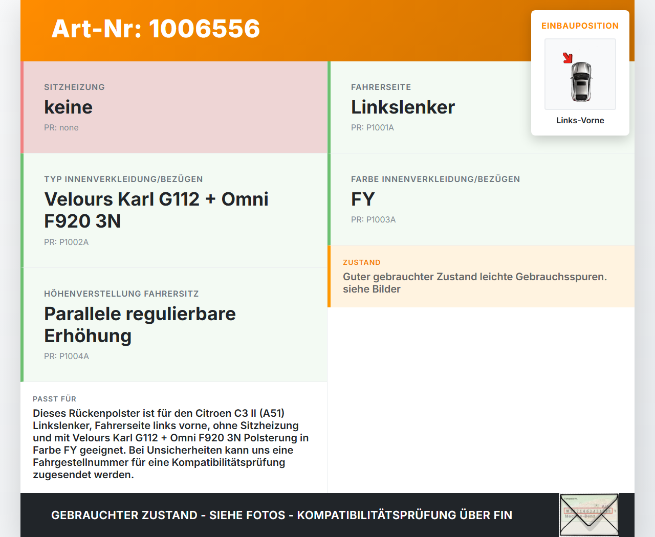 Citroen C3 II SC 09-13 5T Sitzbezug Rückenpolster Links Vorne für Fahrer Sitz Citroen C3 II SC 09-13 03.05.2011... Vorschau 3