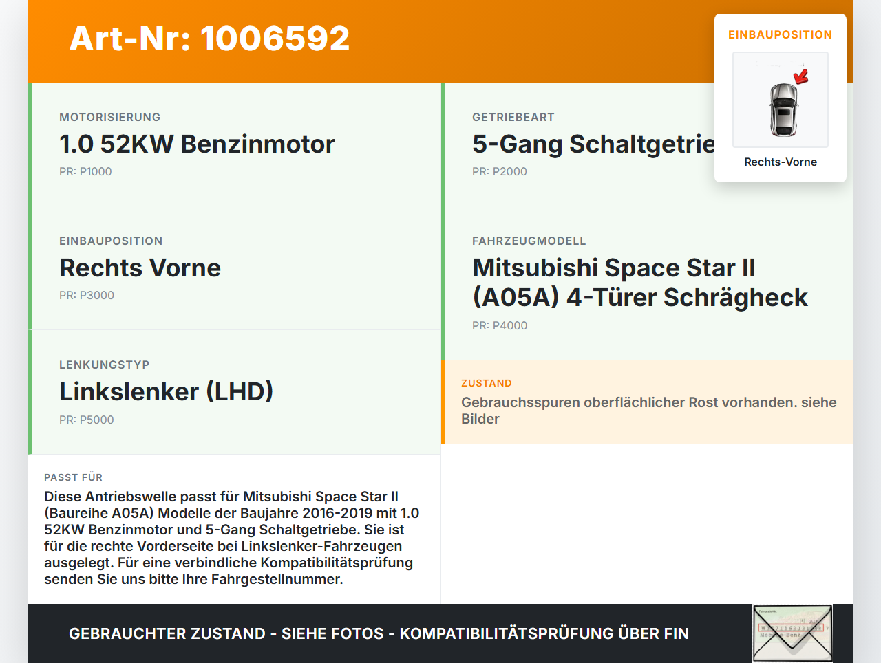 Mitsubishi Space Star II 16-19 1,0 52KW Antriebswelle Gelenkwelle Rechts Vorne Mitsubishi Space Star II 16-19... Vorschau 3