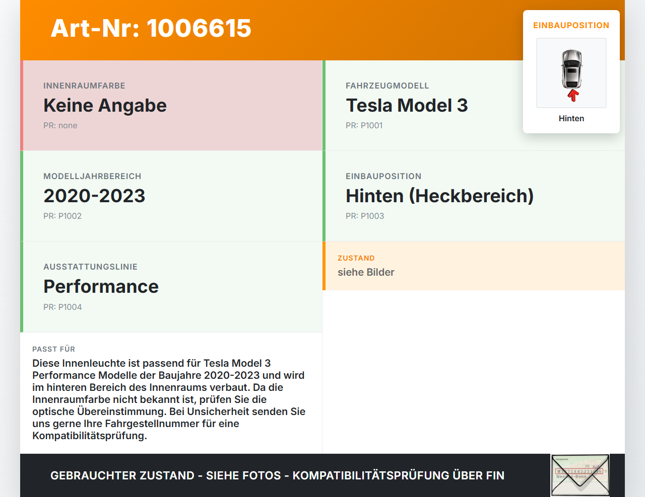 Tesla Model 3 Perf 20-23 Innenleuchte Innenraumleuchte Hinten Tesla Model 3 Perf 20-23 18.04.2023 E133970 gebraucht Vorschau 3