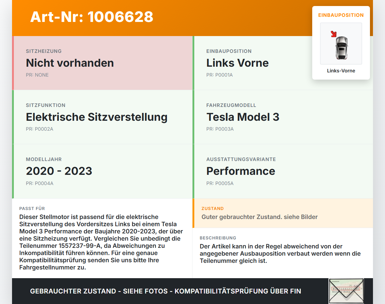Tesla Model 3 Perf 20-23 Stellmotor für el. Sitzverstellung Links Vorne Tesla Model 3 Perf 20-23 18.04.2023... Vorschau 3