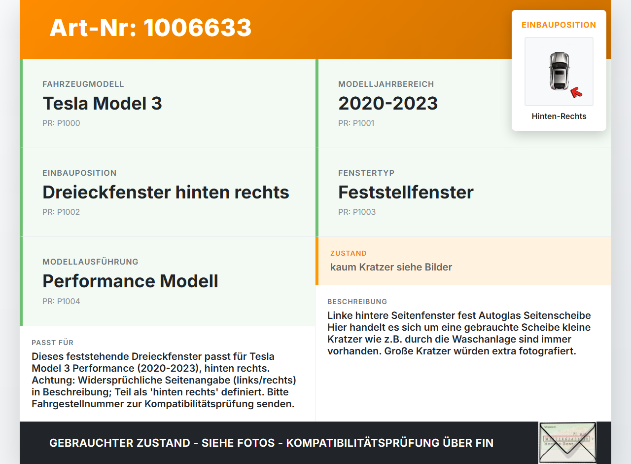 Tesla Model 3 Perf 20-23 Seitenscheibe Dreieckfenster Hinten Rechts Tesla Model 3 Perf 20-23 18.04.2023... Vorschau 3