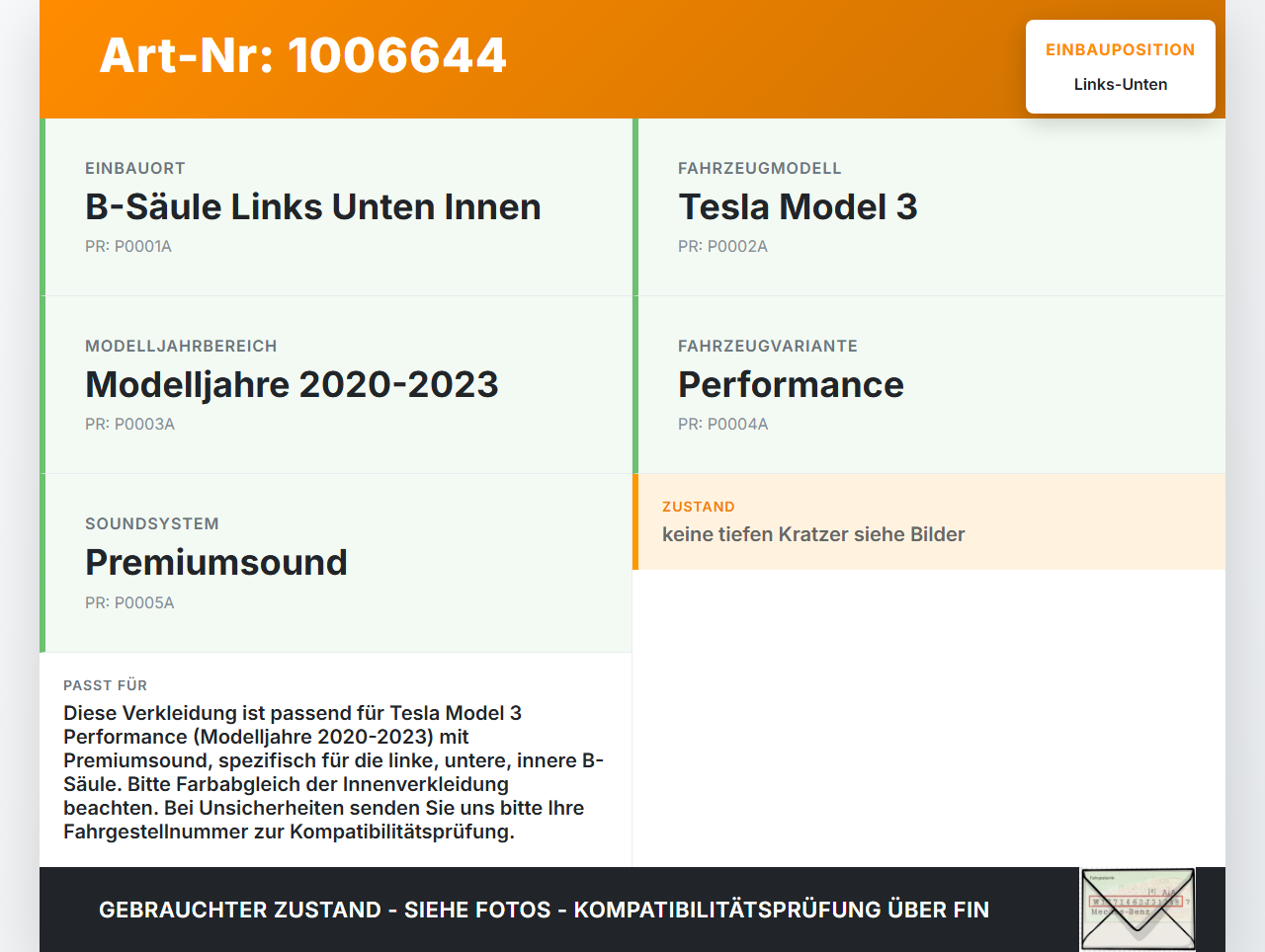 Tesla Model 3 Perf 20-23 Verkleidung für B-Säule Links Unten Innen Tesla Model 3 Perf 20-23 18.04.2023 1100087-00-D... Vorschau 3