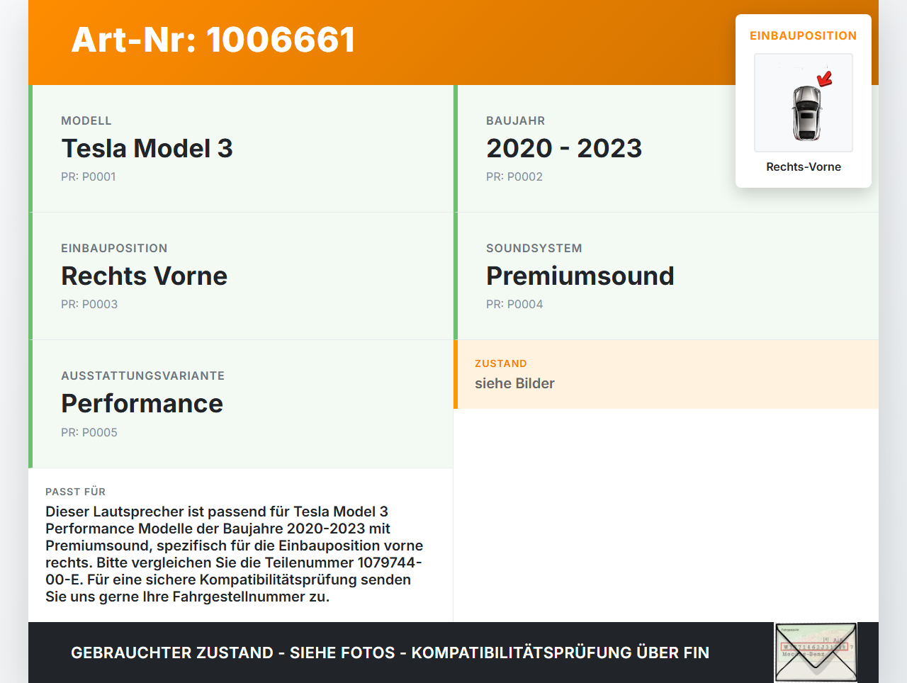 Tesla Model 3 Perf 20-23 Lautsprecher Rechts Vorne Tesla Model 3 Perf 20-23 18.04.2023 1079744-00-E gebraucht Vorschau 3