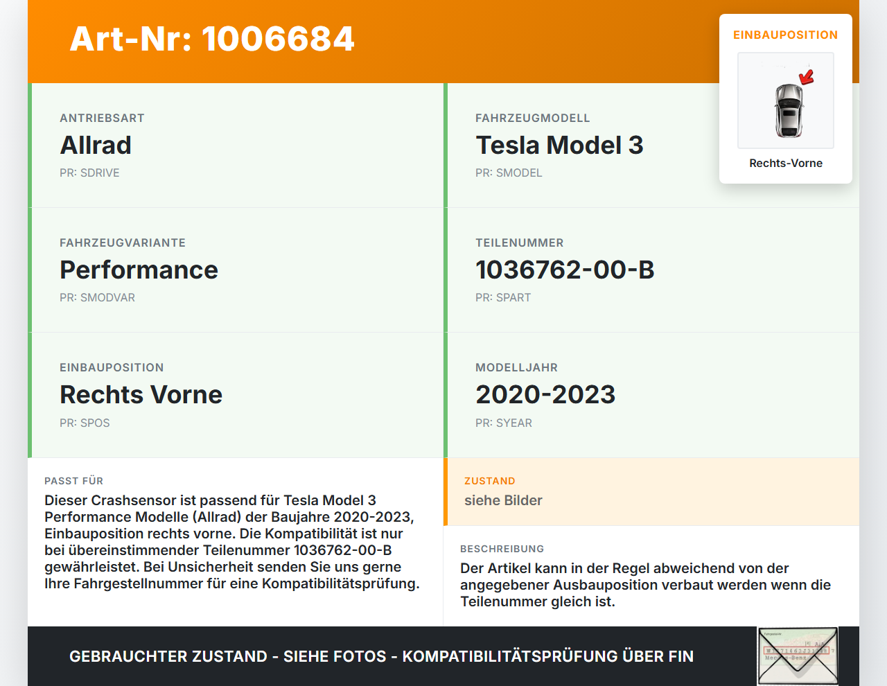 Tesla Model 3 Perf 20-23 Sensor für Airbag Crashsensor Airbagsensor Rechts Vorne Tesla Model 3 Perf 20-23... Vorschau 3