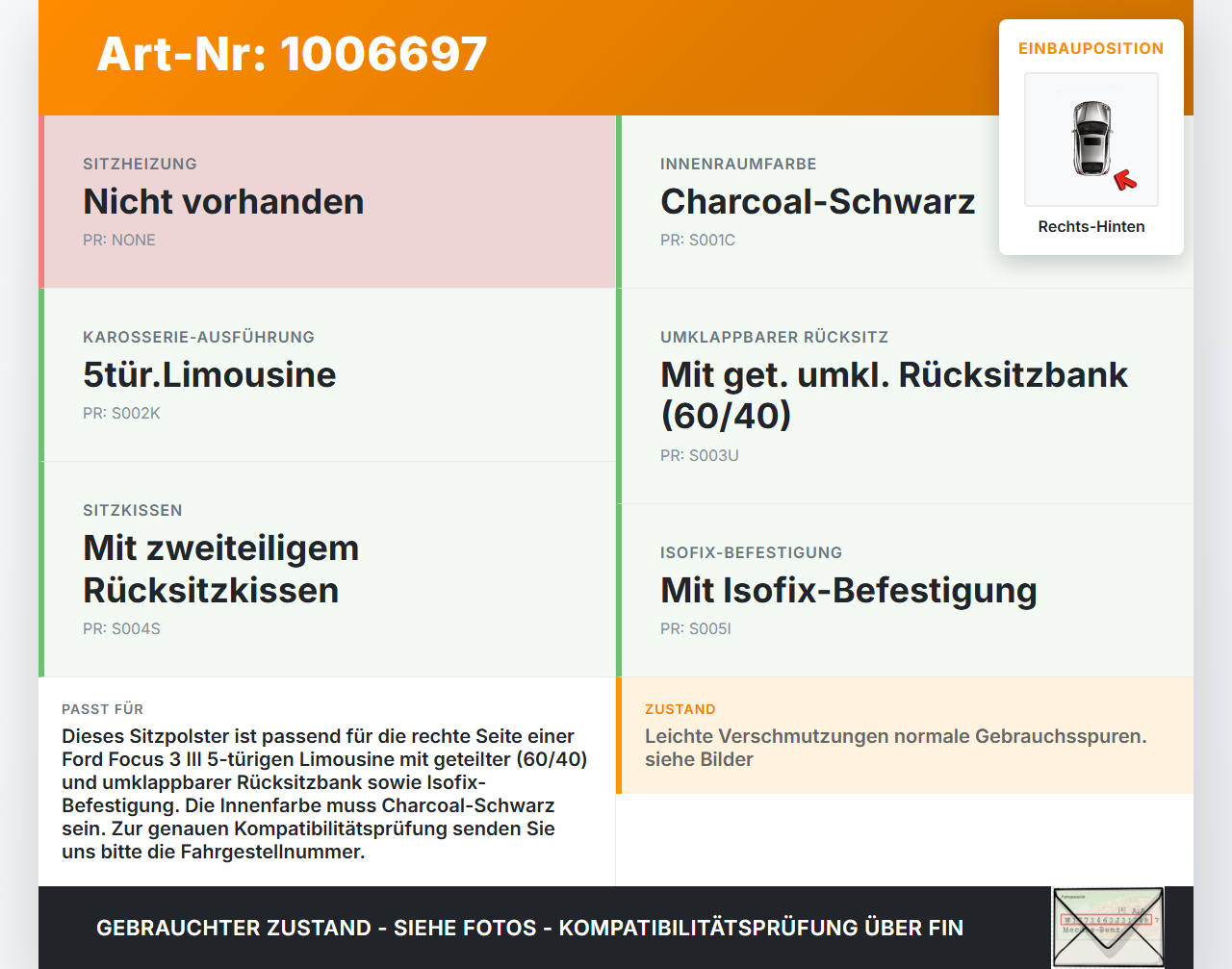 Ford Focus 3 III 11-15 5T Sitzpolster Rechts f. Rücksitzbank Hinten Ford Focus 3 III 11-15 27.05.2014 gebraucht Vorschau 3
