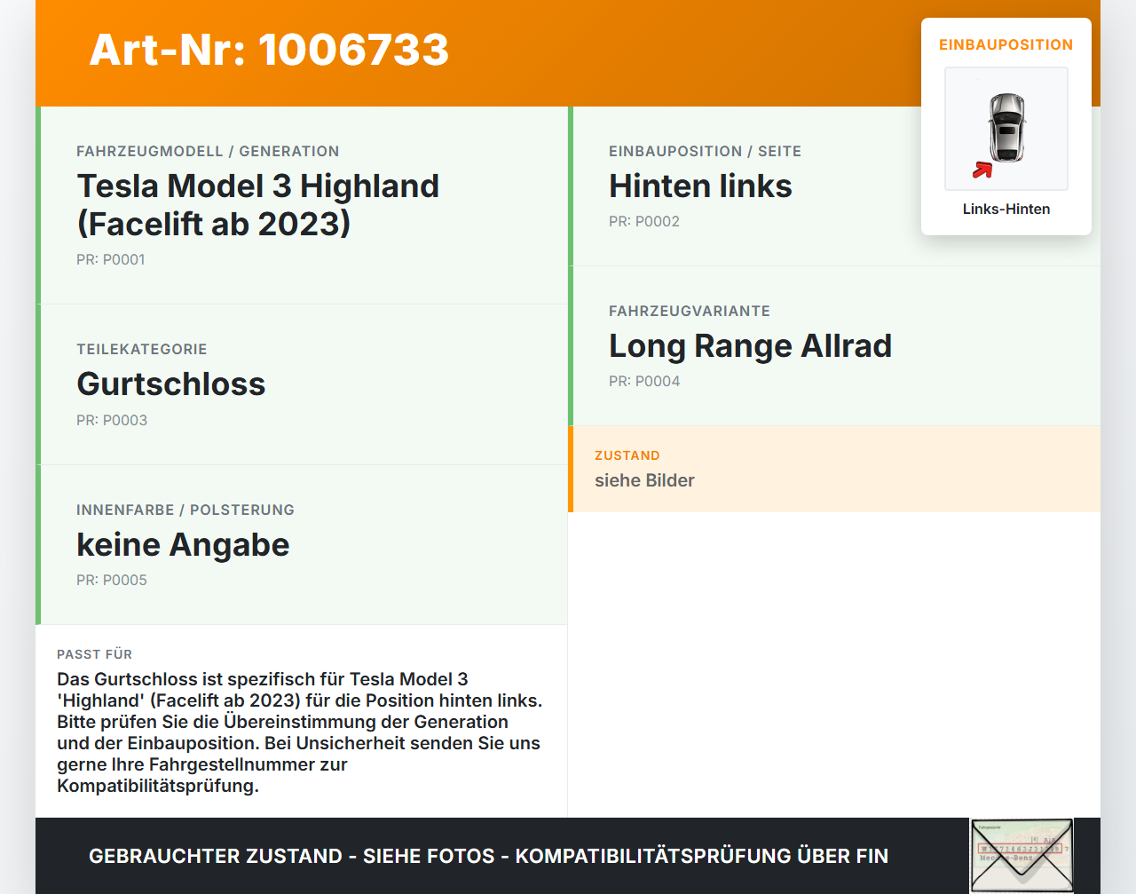 Tesla Model 3 LR Highland Gurtschloss Links Hinten Tesla Model 3 LR Highland 16.01.2024 1057740-C1-C gebraucht Vorschau 3