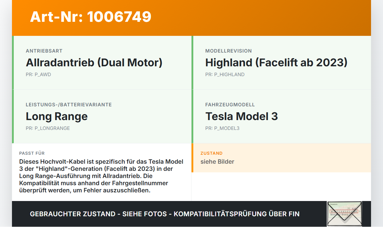 Tesla Model 3 LR Highland Hochvolt Kabel HV Kabelbaum Leitung Tesla Model 3 LR Highland 16.01.2024 1109003-00-F... Vorschau 3