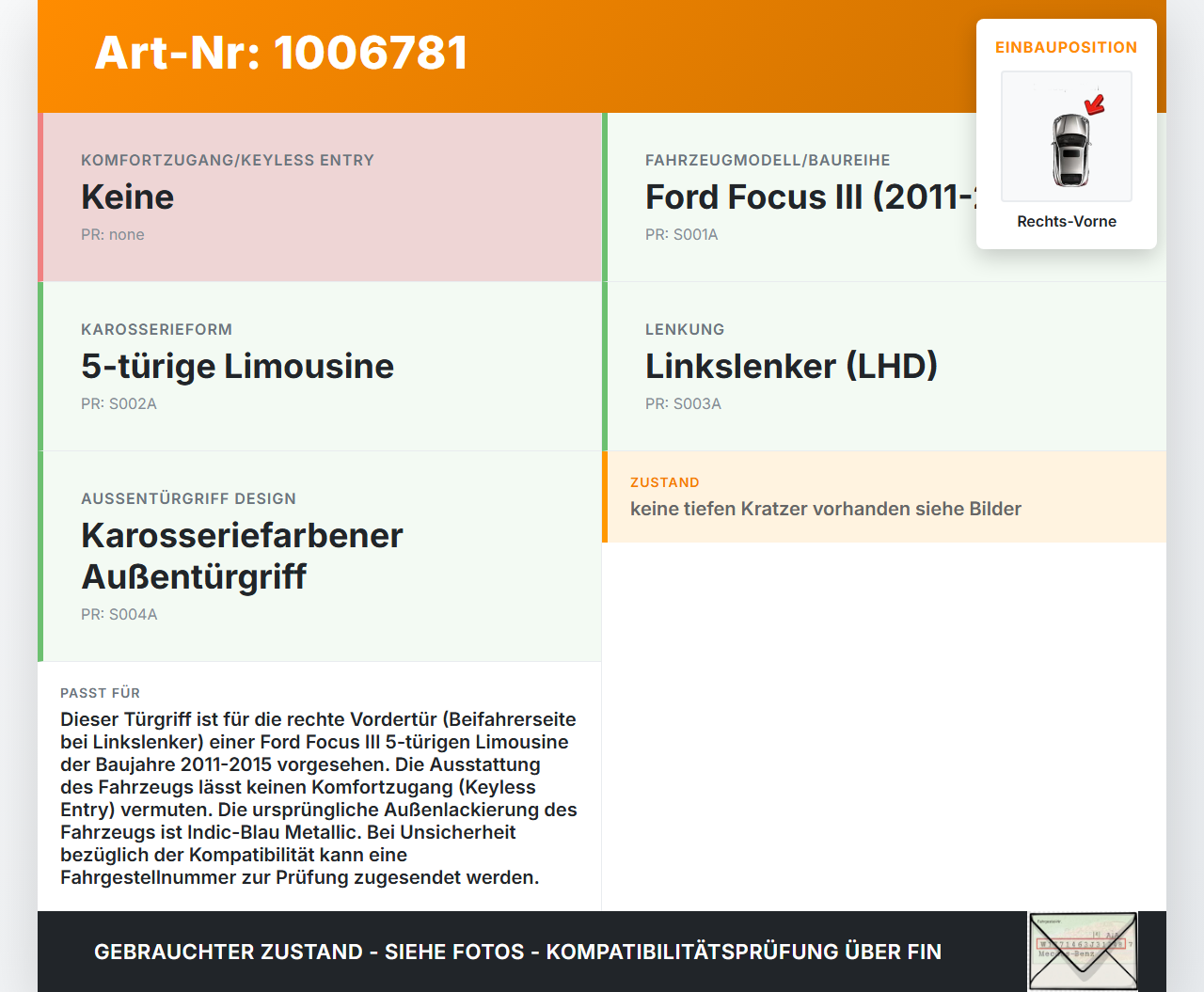 Ford Focus 3 III 11-15 5T Türgriff Griff aussen Rechts Vorne 1D Ford Focus 3 III 11-15 27.05.2014 gebraucht Vorschau 3