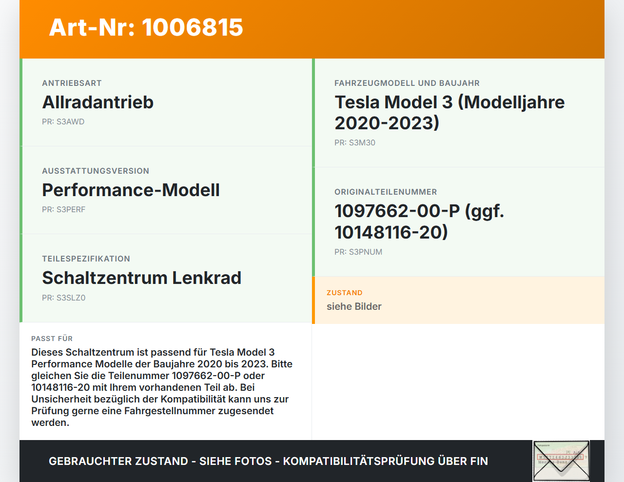 Tesla Model 3 Perf 20-23 Schaltzentrum für Lenkrad Tesla Model 3 Perf 20-23 18.04.2023 1097662-00-P 10148116-20... Vorschau 3