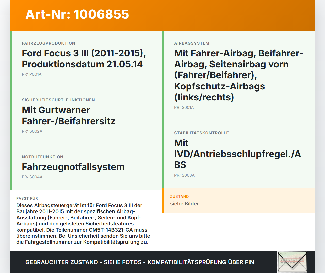 Ford Focus 3 III 11-15 Airbag Steuergerät Airbagsteuergerät Ford Focus 3 III 11-15 27.05.2014 CM5T-14B321-CA... Vorschau 3
